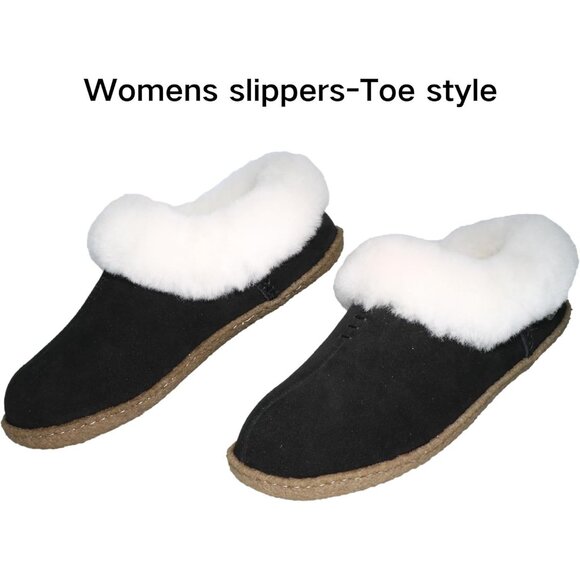 Women's Black White Fuzzy Leather Collar Wool Lining Warm Slipper Boot Shoes - Picture 3 of 6